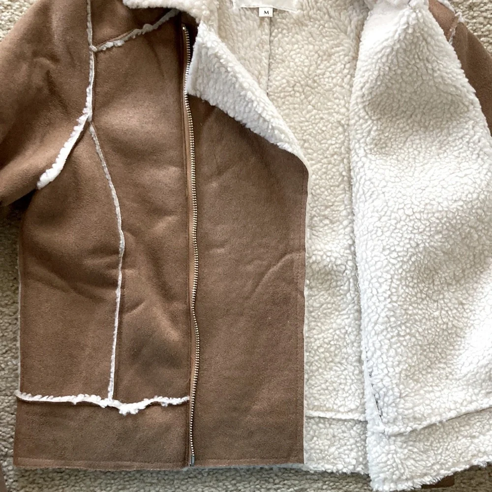 Faux Suede Sherpa Lined Short Moto Style Jacket - Picture 7 of 11